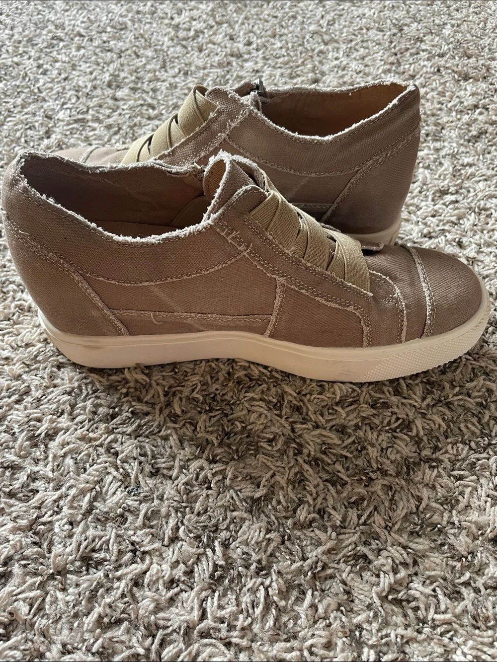 Blowfish Wedges in Taupe Canvas with Side Zip